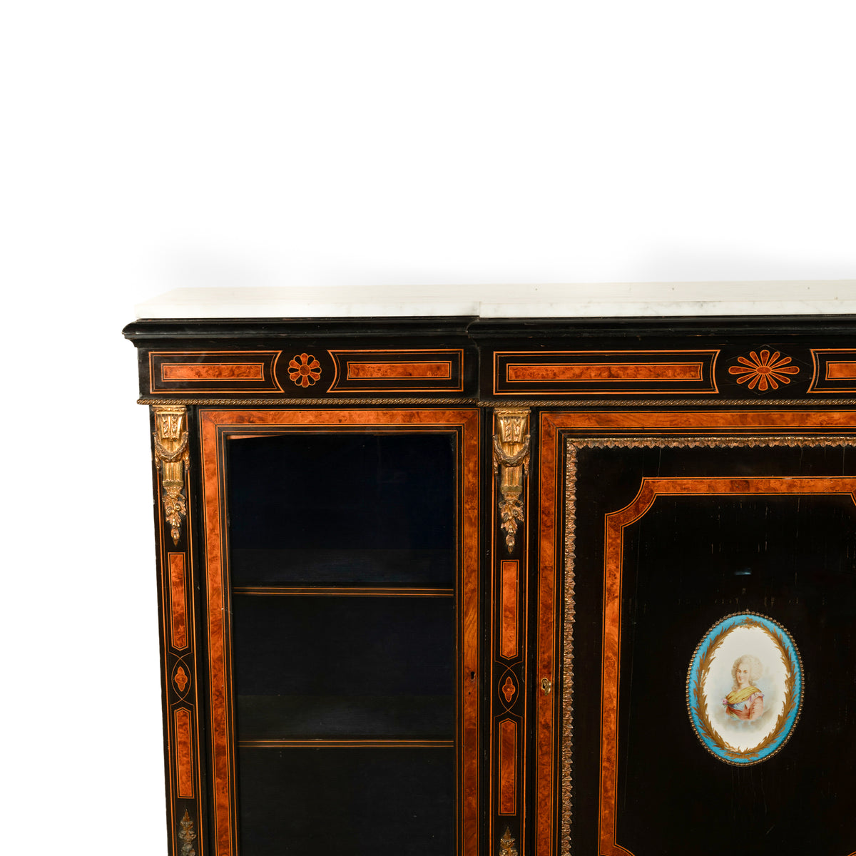 Antique French Napoleon III Ebony Ormolu Marble Sevres Porcelain Inlaid Credenza Cabinet 1860