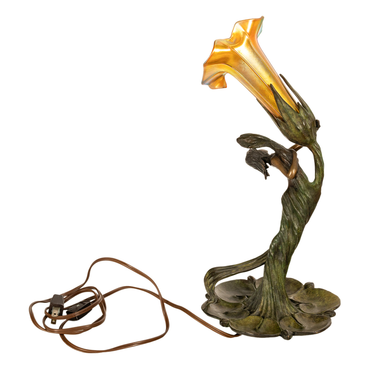 Antique Art Nouveau Austrian Bronze Figural Lamp Loetz Glass Gustav Gurschner, 1905