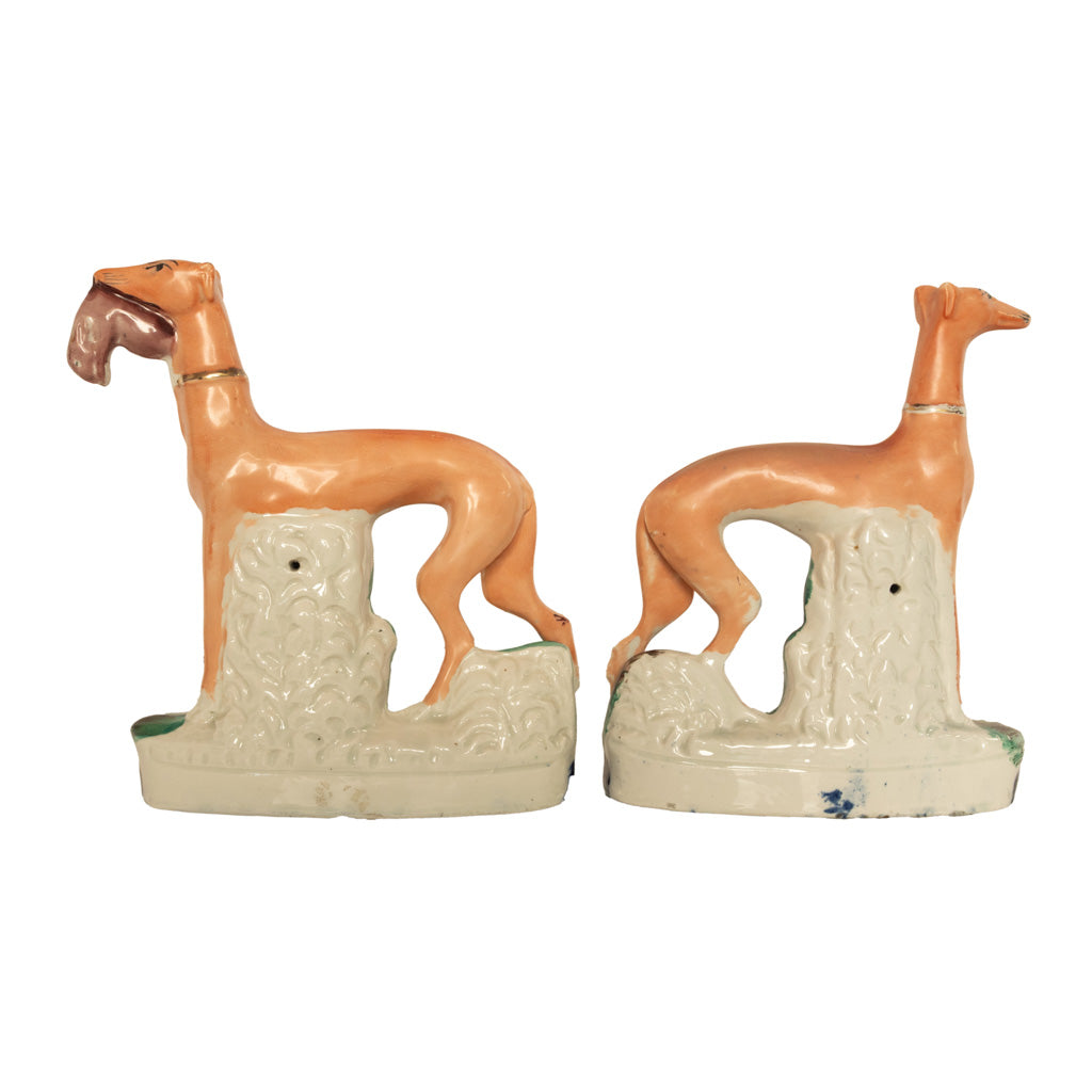 Antique 19thC Pair of Staffordshire Whippets Greyhounds Hunting Dog Figures 1860