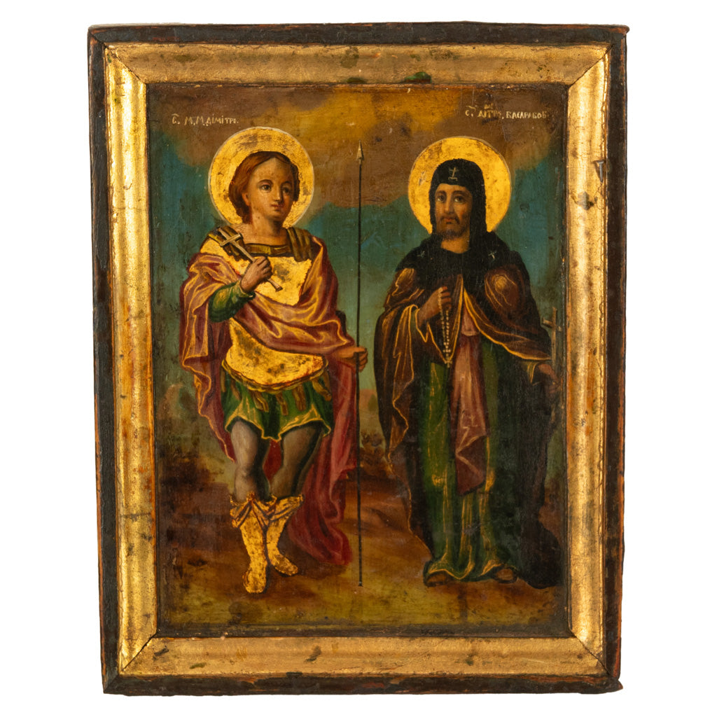 Antique Greek Orthodox Gilded Hand-painted Egg Tempera Double Sided Icon, 1850