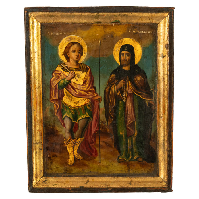 Antique Greek Orthodox Gilded Hand-painted Egg Tempera Double Sided Icon, 1850