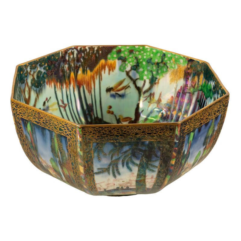 Large Wedgwood Fairyland Lustre Potrcelain Bowl Elves Boxing Match & Castle on a Road 1920