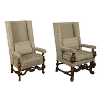 Pair 17th Century Style Carolean Carved Walnut Throne Wing Back Armchairs 1860