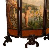 Antique French Rococo Oil Canvas Walnut Painting Landscape Cherubs Screen 1870