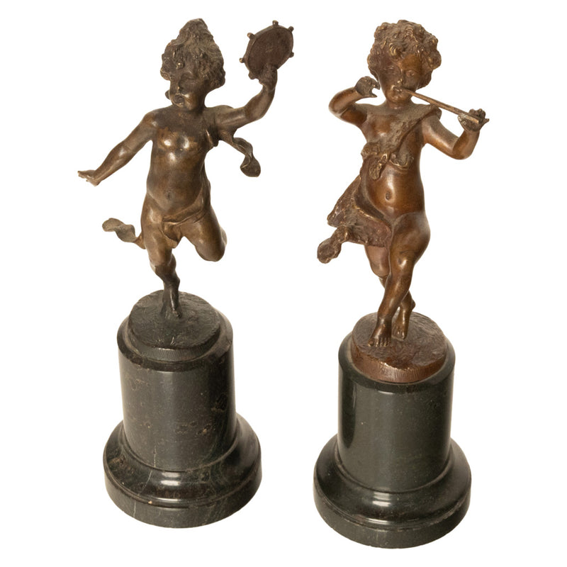 Pair Antique French Bronze Marble Putti Dancing Musicians Statues Sculpture 1860