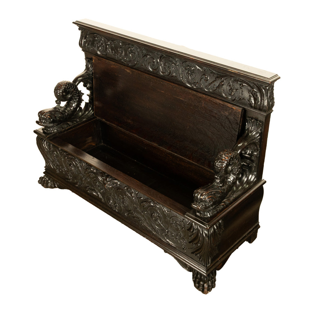 Antique Italian Renaissance Revival Carved Walnut Hall Bench Chest Dolphins 1870
