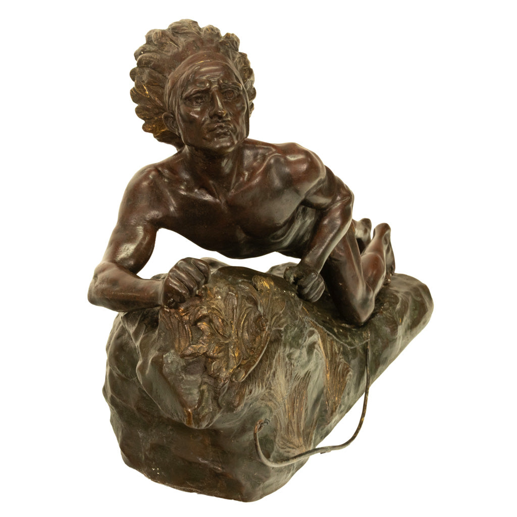 Antique French Art Deco Bronze Sculpture Native American Indian Hunter Scout by René-André Varnier, Circa 1920