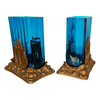 Antique American Art Deco Brass Glass Vases Ship Bookends Bradley & Hubbard 1925