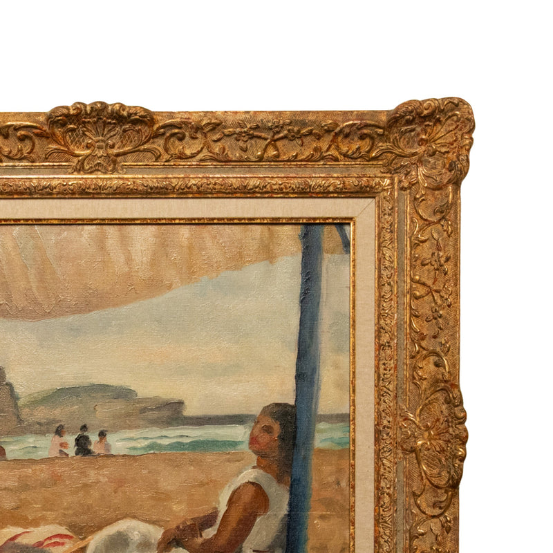 French Oil on Canvas Post Impressionist Portrait Painting Beach Sea Scene Spain by Charles Picart le Doux, 1933