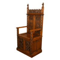 Antique 19thC French Carved Oak Gothic Revival Throne Storage Chair Seat 1880