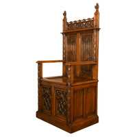 Antique 19thC French Carved Oak Gothic Revival Throne Storage Chair Seat 1880