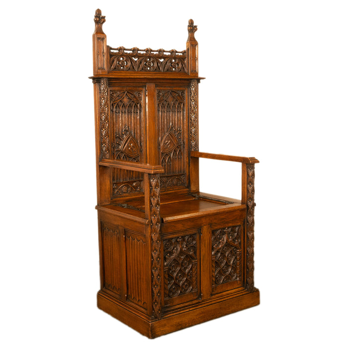 Antique 19thC French Carved Oak Gothic Revival Throne Storage Chair Seat 1880