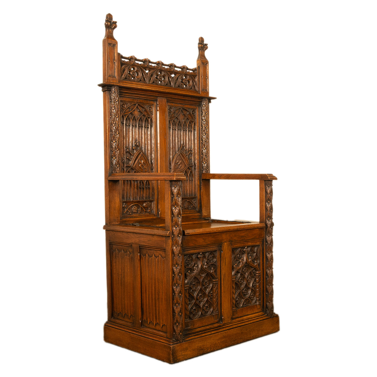 Antique 19thC French Carved Oak Gothic Revival Throne Storage Chair Seat 1880