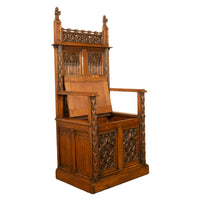 Antique 19thC French Carved Oak Gothic Revival Throne Storage Chair Seat 1880