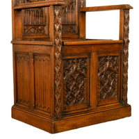 Antique 19thC French Carved Oak Gothic Revival Throne Storage Chair Seat 1880