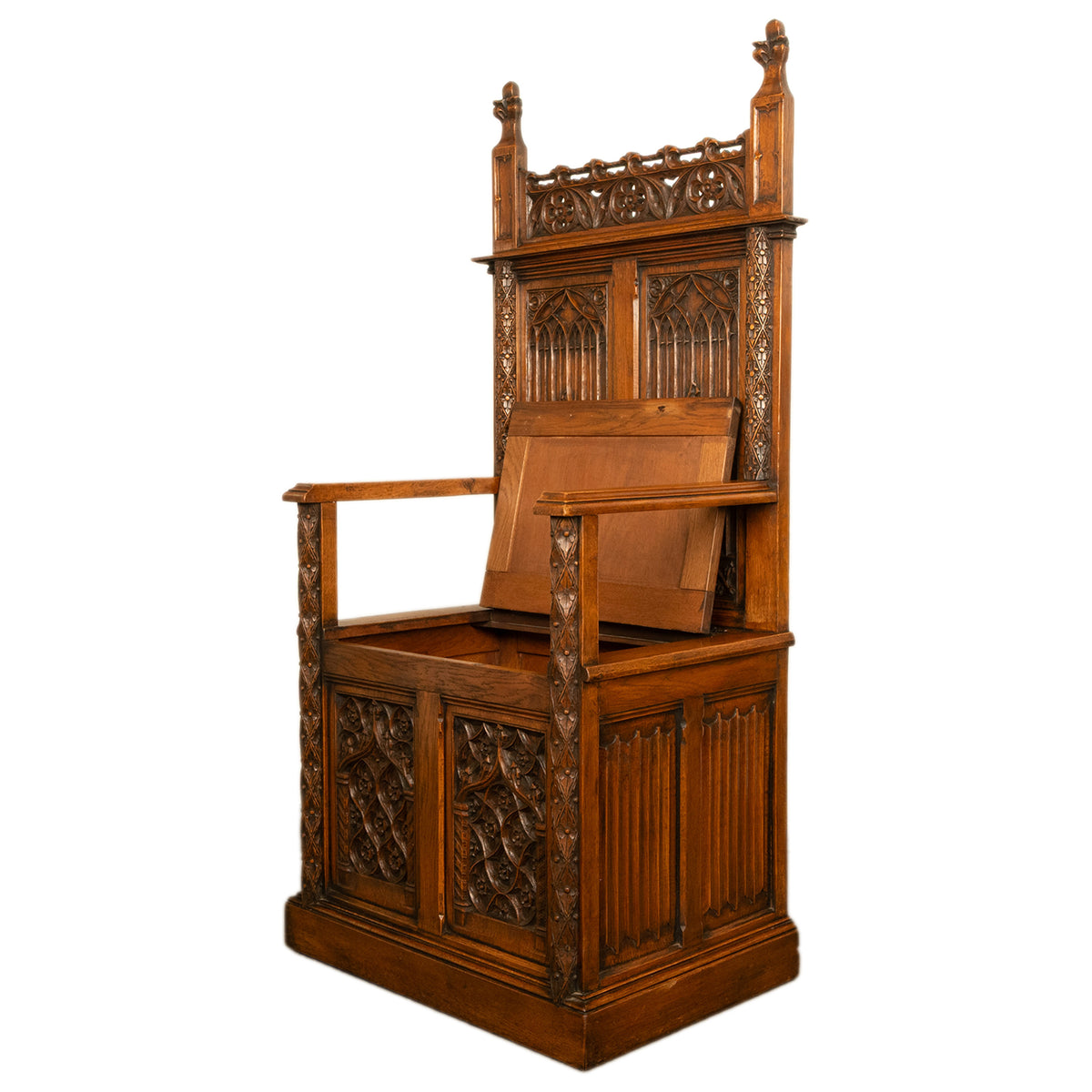 Antique 19thC French Carved Oak Gothic Revival Throne Storage Chair Seat 1880