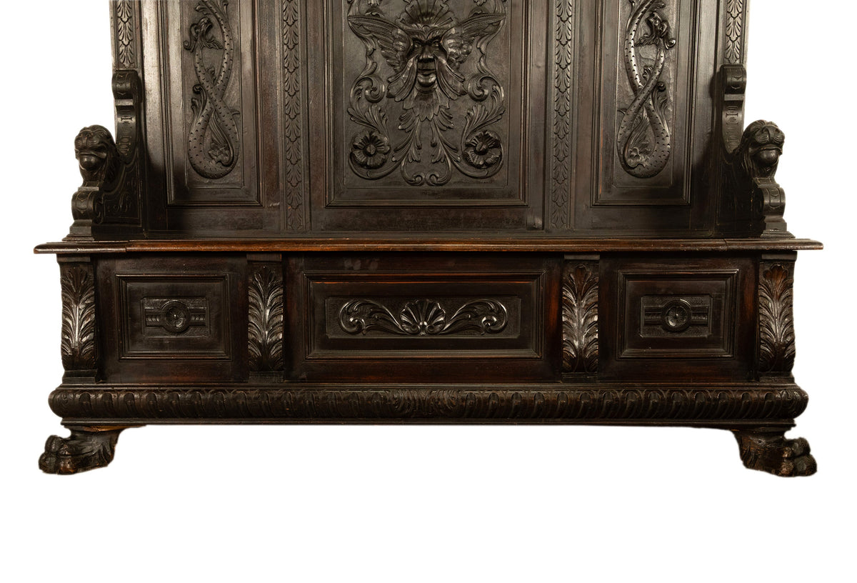 Antique 19th Century Italian Renaissance Revival Carved Hall Bench Storage Settle 1880