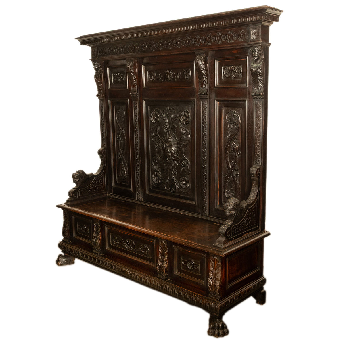 Antique 19th Century Italian Renaissance Revival Carved Hall Bench Storage Settle 1880