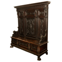 Antique 19th Century Italian Renaissance Revival Carved Hall Bench Storage Settle 1880