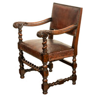 Antique Italian Baroque Leather & Barley Twist Carved Mahogany Arm Chair 1820