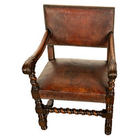 Antique Italian Baroque Leather & Barley Twist Carved Mahogany Arm Chair 1820