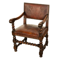 Antique Italian Baroque Leather & Barley Twist Carved Mahogany Arm Chair 1820