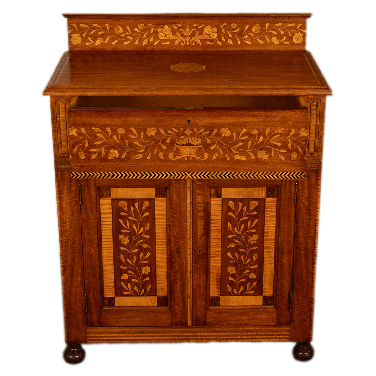Antique 19th Century Dutch Inlaid Walnut Floral Specimen Wood Marquetry Cabinet 1860