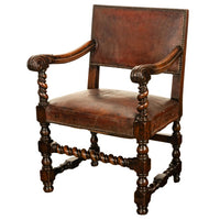 Antique Italian Baroque Leather & Barley Twist Carved Mahogany Arm Chair 1820