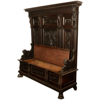 Antique 19th Century Italian Renaissance Revival Carved Hall Bench Storage Settle 1880