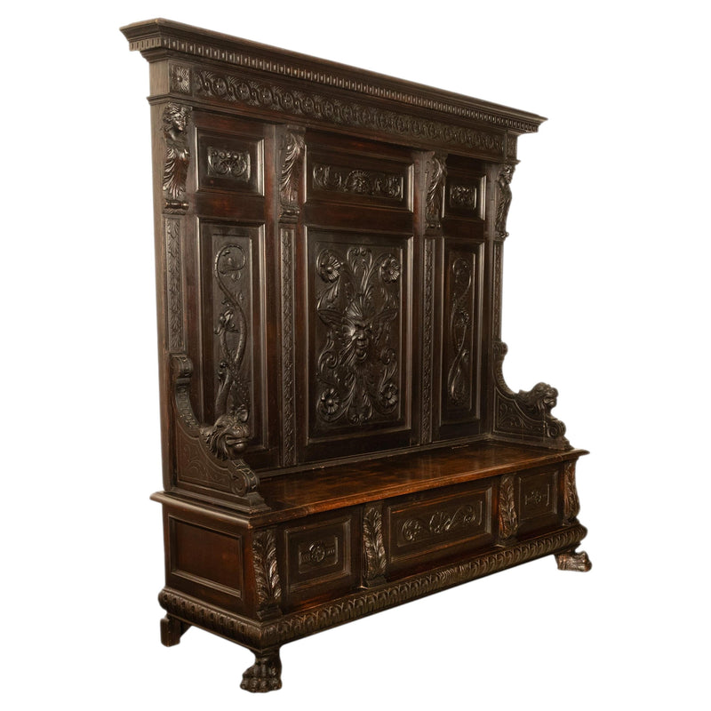 Antique 19th Century Italian Renaissance Revival Carved Hall Bench Storage Settle 1880