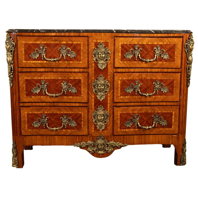 Antique 18thC French Louis XV Ormolu Inlaid Kingwood Marble Commode Chest 1780