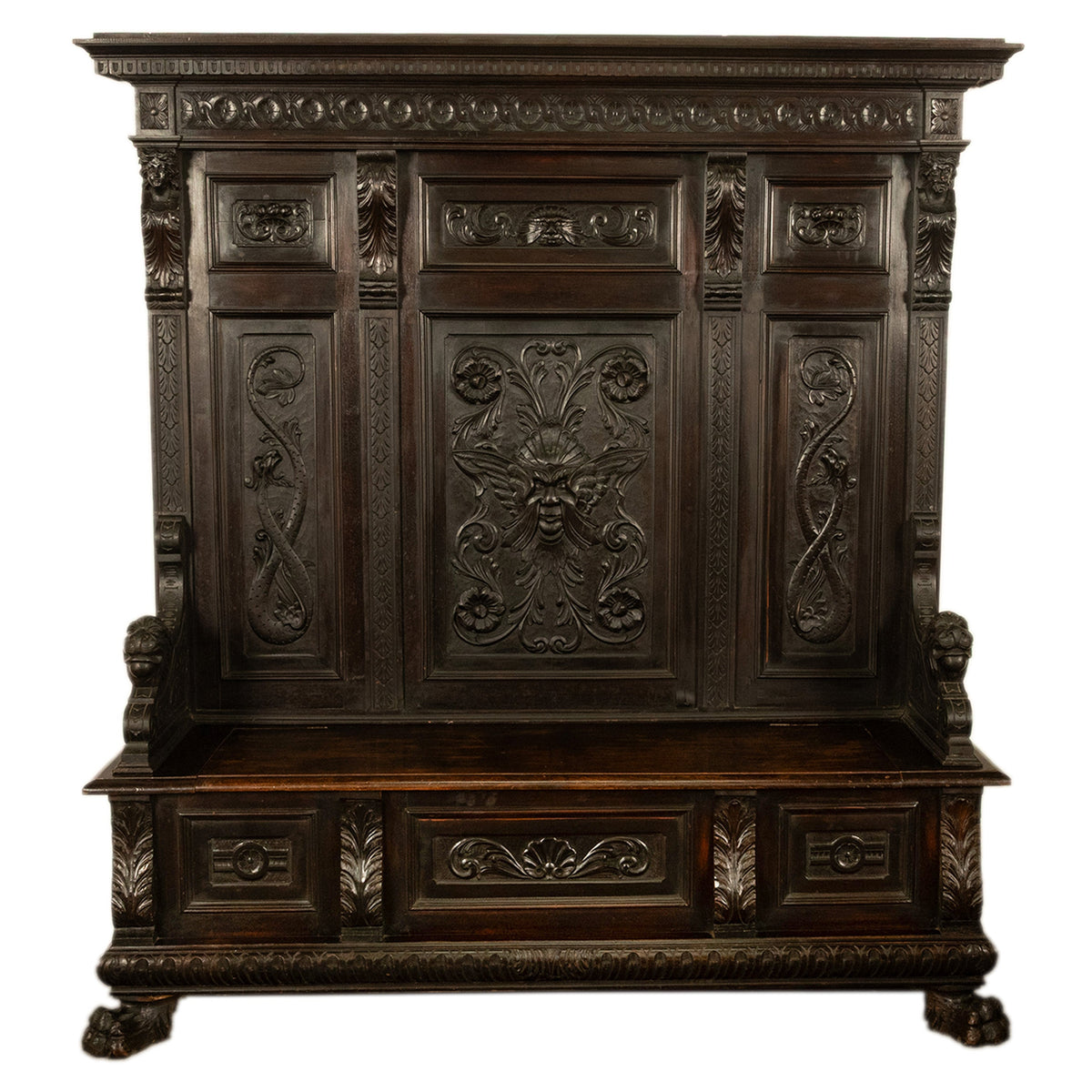 Antique 19th Century Italian Renaissance Revival Carved Hall Bench Storage Settle 1880