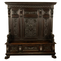 Antique 19th Century Italian Renaissance Revival Carved Hall Bench Storage Settle 1880