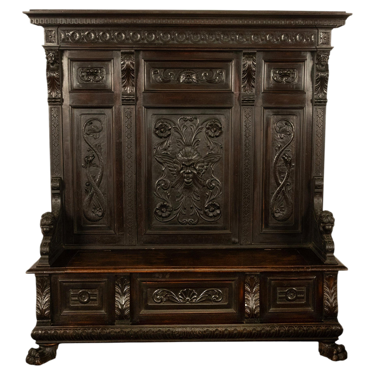 Antique 19th Century Italian Renaissance Revival Carved Hall Bench Storage Settle 1880
