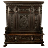 Antique 19th Century Italian Renaissance Revival Carved Hall Bench Storage Settle 1880