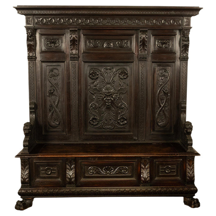 Antique 19th Century Italian Renaissance Revival Carved Hall Bench Storage Settle 1880