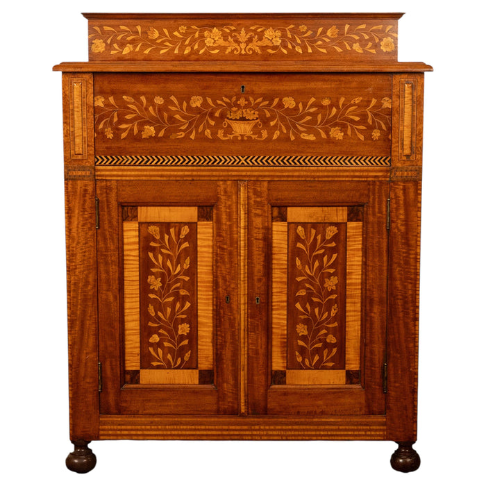Antique 19th Century Dutch Inlaid Walnut Floral Specimen Wood Marquetry Cabinet 1860