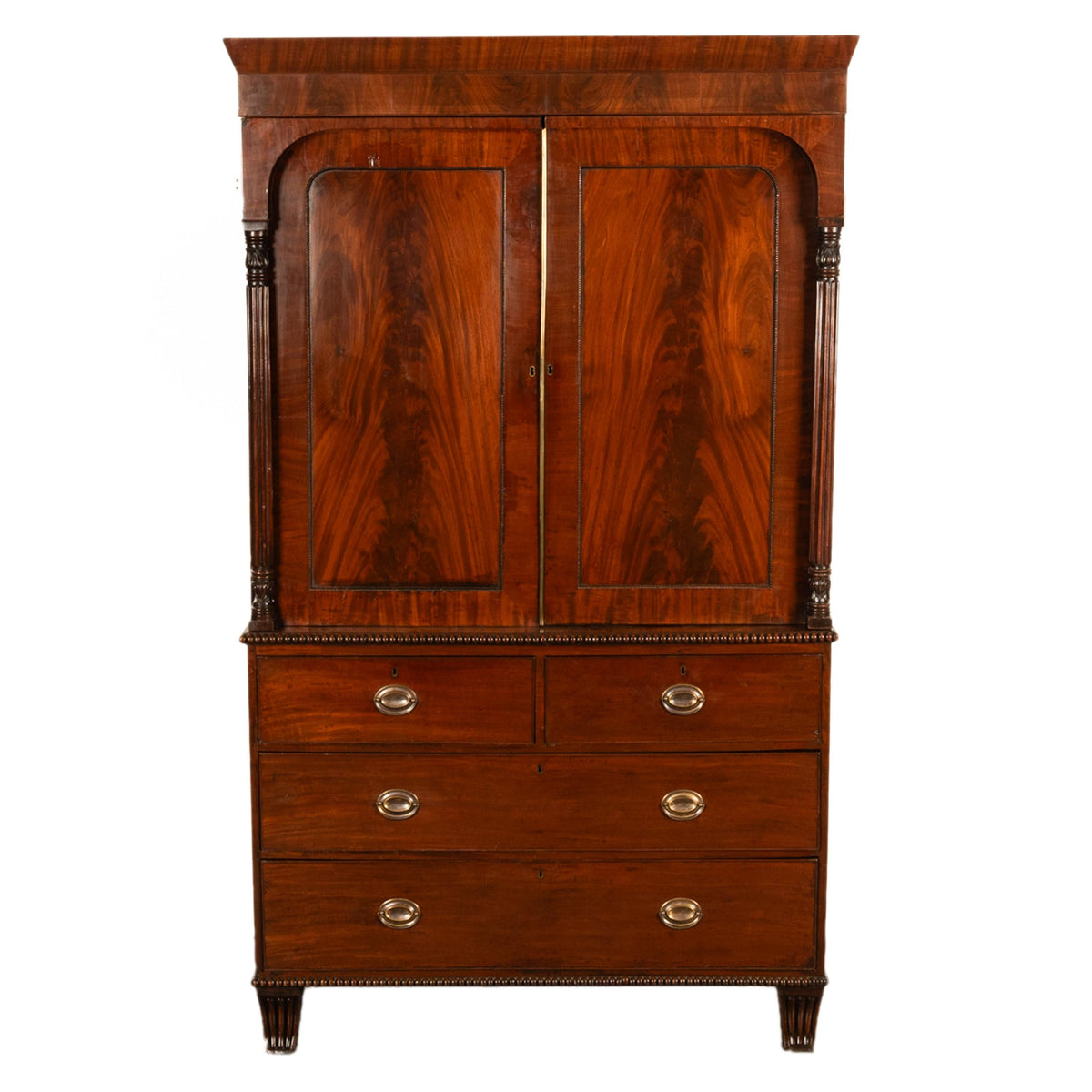Antique 19thC Flame Mahogany Georgian Regency English Linen Press Chest 1800