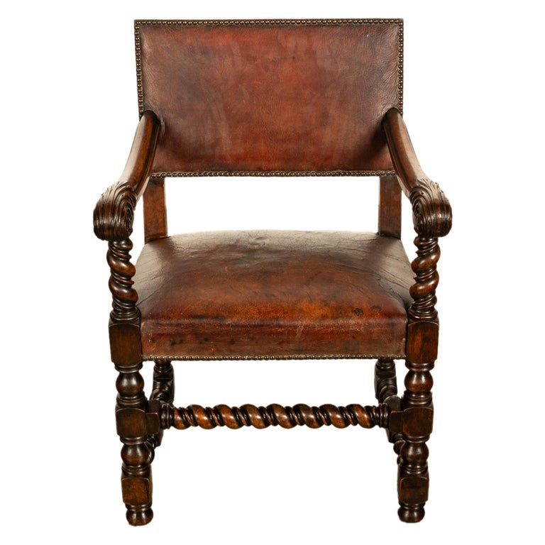 Antique Italian Baroque Leather & Barley Twist Carved Mahogany Arm Chair 1820