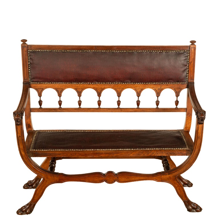 Antique Renaissance Revival Carved Walnut & Leather Hall Window Bench Italy 1880