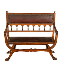 Antique Renaissance Revival Carved Walnut & Leather Hall Window Bench Italy 1880