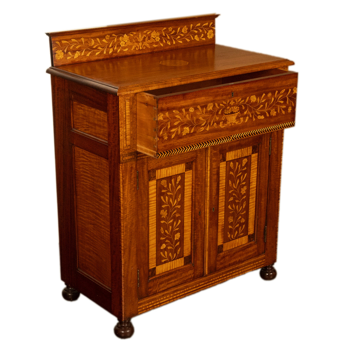 Antique 19th Century Dutch Inlaid Walnut Floral Specimen Wood Marquetry Cabinet 1860