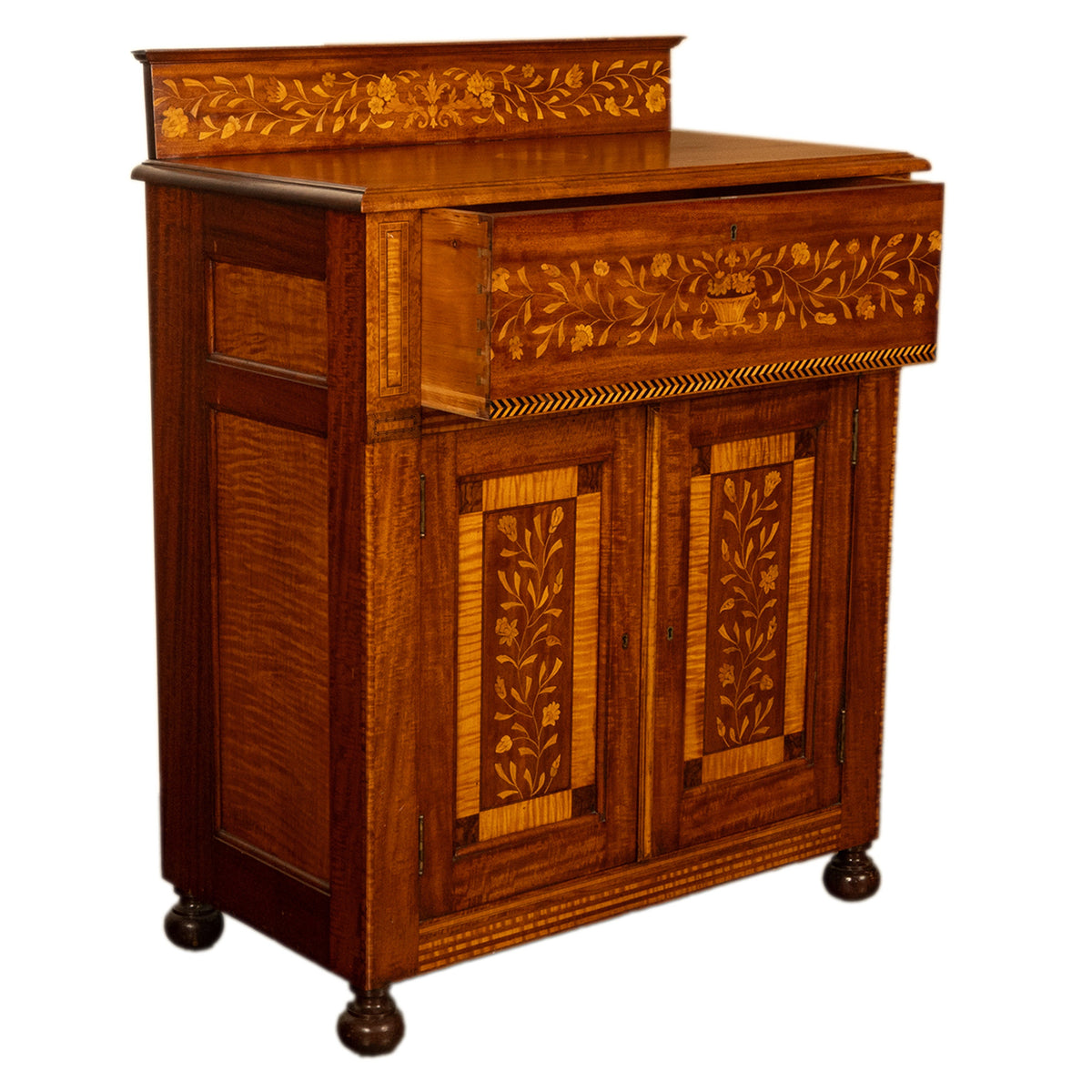 Antique 19th Century Dutch Inlaid Walnut Floral Specimen Wood Marquetry Cabinet 1860