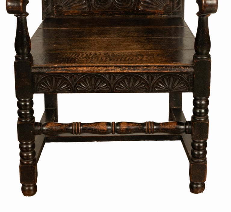 Antique 17th Century English Charles II Oak Carved Wainscot Armchair 1680