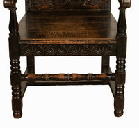 Antique 17th Century English Charles II Oak Carved Wainscot Armchair 1680
