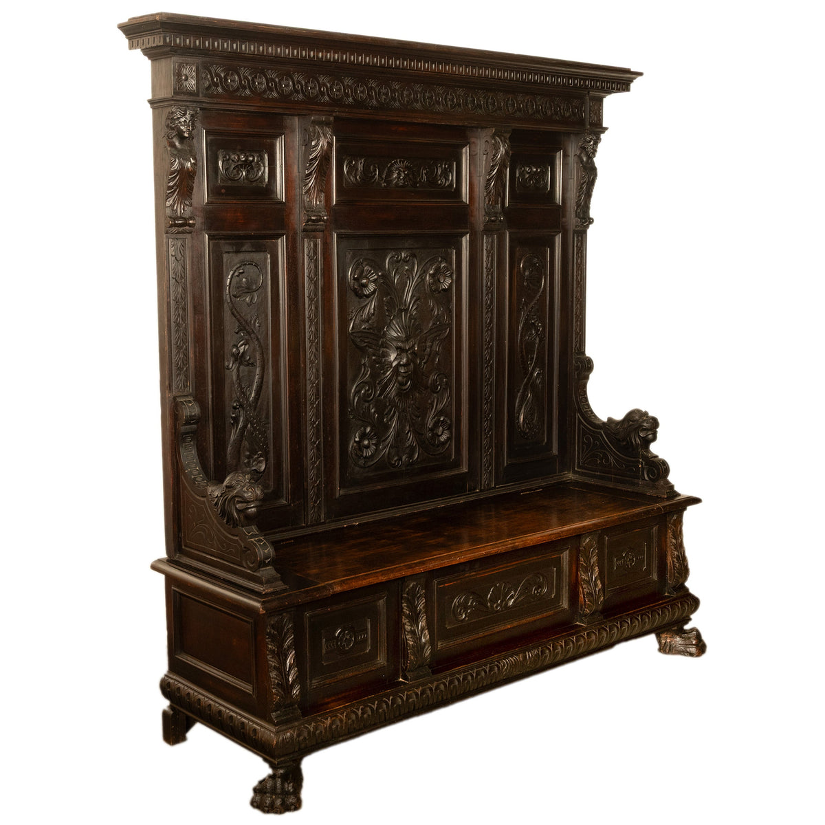 Antique 19th Century Italian Renaissance Revival Carved Hall Bench Storage Settle 1880