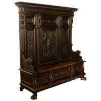 Antique 19th Century Italian Renaissance Revival Carved Hall Bench Storage Settle 1880
