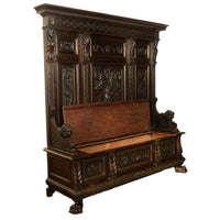 Antique 19th Century Italian Renaissance Revival Carved Hall Bench Storage Settle 1880
