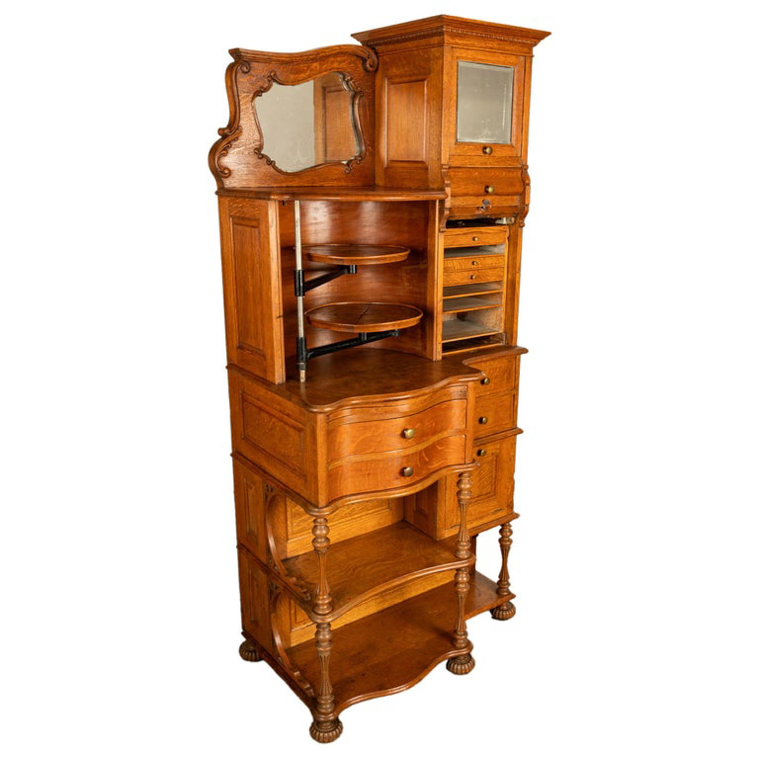 Antique American Ransom & Randolph # 65 Carved Oak Dental Cabinet