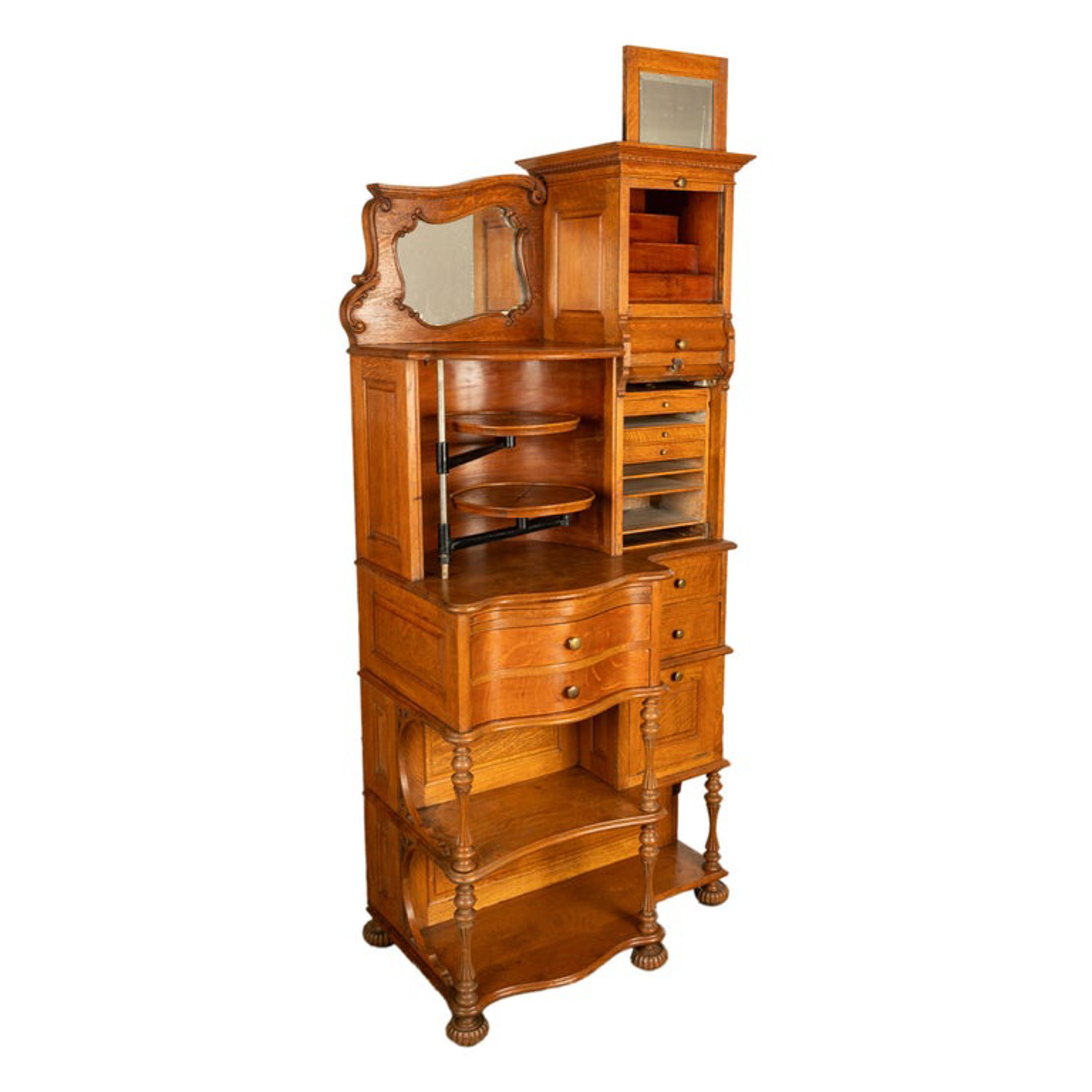Antique American Ransom & Randolph # 65 Carved Oak Dental Cabinet